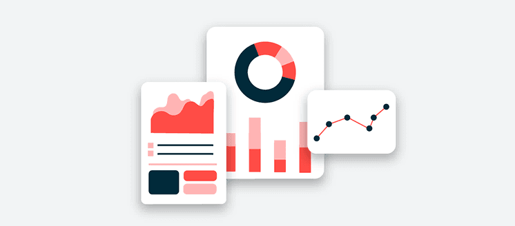 Overlapping business analytics cards showing graphs, charts and statistics in coral red and navy blue colors on white background