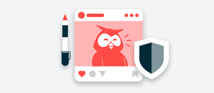 Cartoon illustration of a smiling red owl character on a pink background with a shield icon and social media interface elements