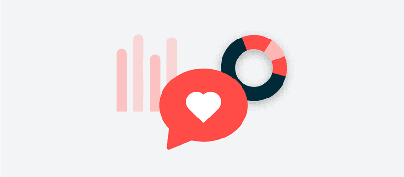 pink bar graph, red speech bubble with white heart icon, and navy and coral donut chart illustration.