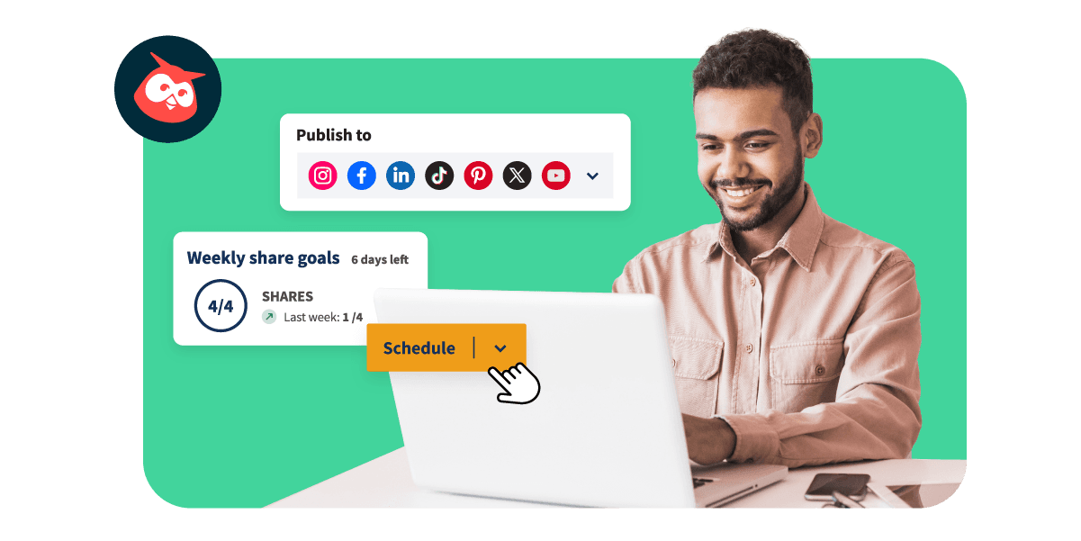 Social media content management dashboard showing scheduled insurance-related posts with mountain landscape images and engagement metrics