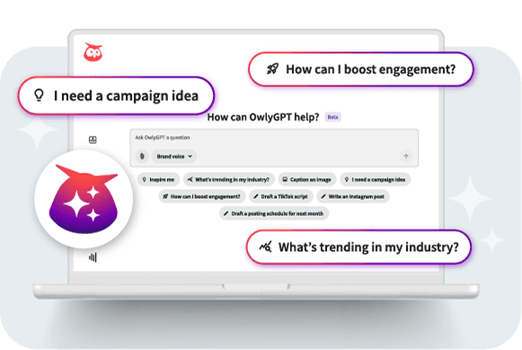 Screenshot of OwlyGPT interface showing campaign planning options and trending topics on a laptop screen with purple owl logo