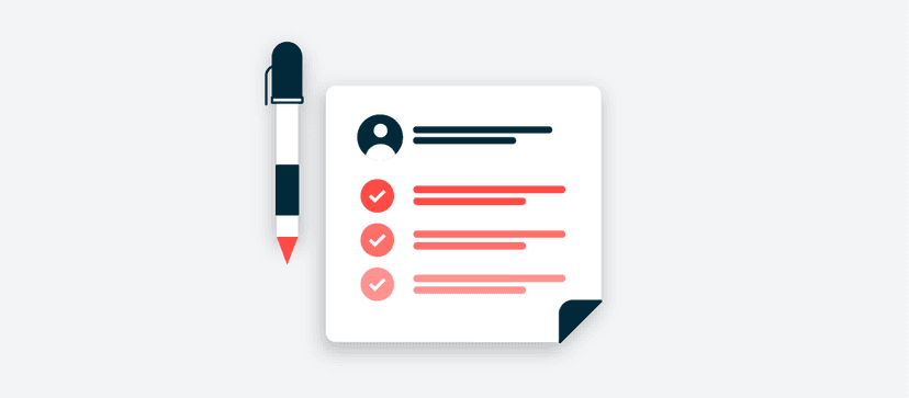 Illustration of a checklist document with user profile icon and three checked items, alongside a navy and red pencil
