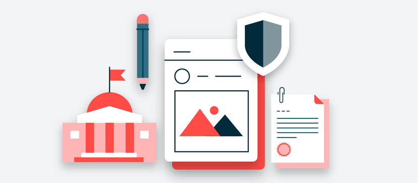 Minimalist illustration of a pencil, shield, and document icons in coral pink and navy blue, representing content security concepts