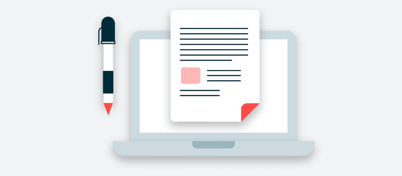 Minimalist illustration of overlapping document pages with text lines and small pink accents on a light blue background