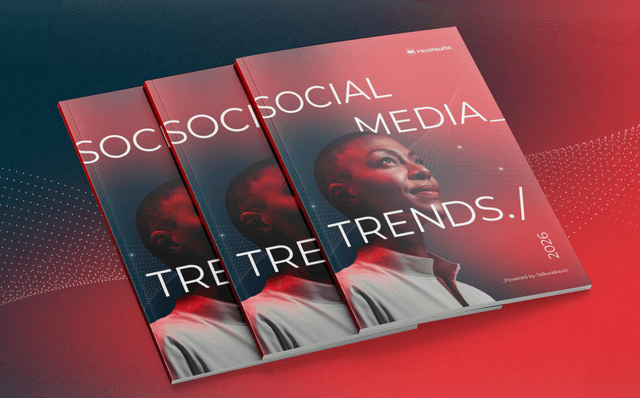 Three overlapping business reports titled "Social Media Trends" with red and blue gradient design on a red background
