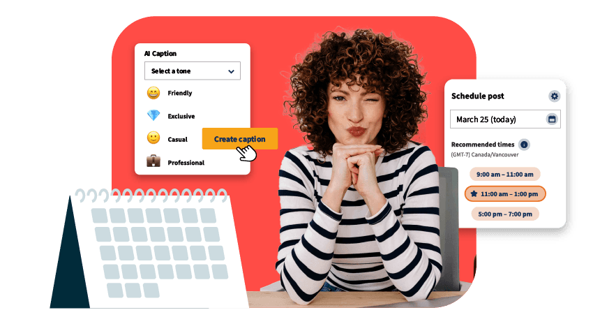 Man on laptop surrounded by Hoot suite features including scheduling, analytics, and content AI