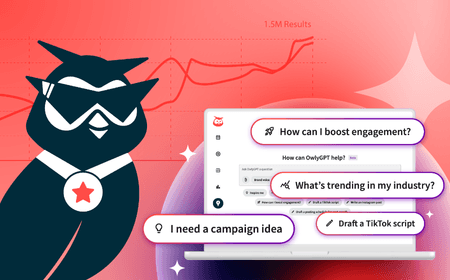 Cartoon owl mascot with search interface showing marketing-related queries on a pink background with analytics graph