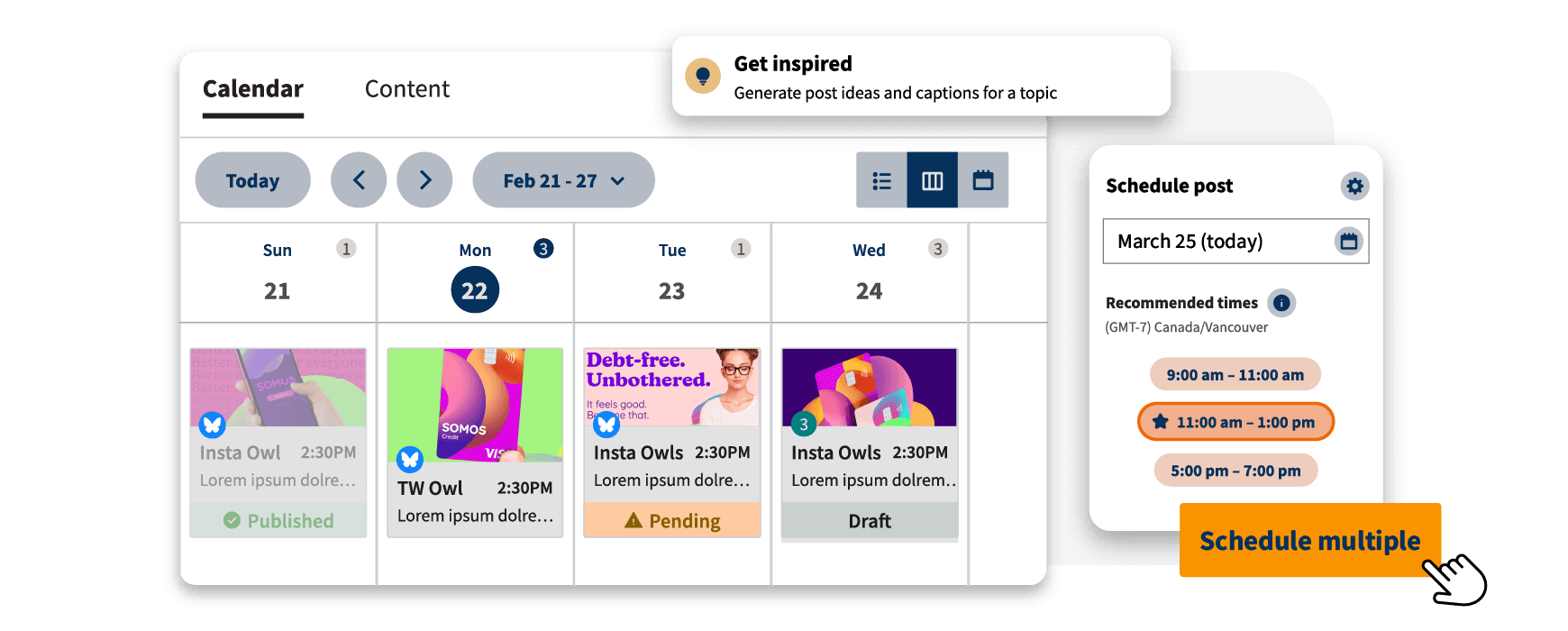 Social media content calendar interface showing weekly view with scheduled posts, publishing times, and status indicators for Feb 21-27