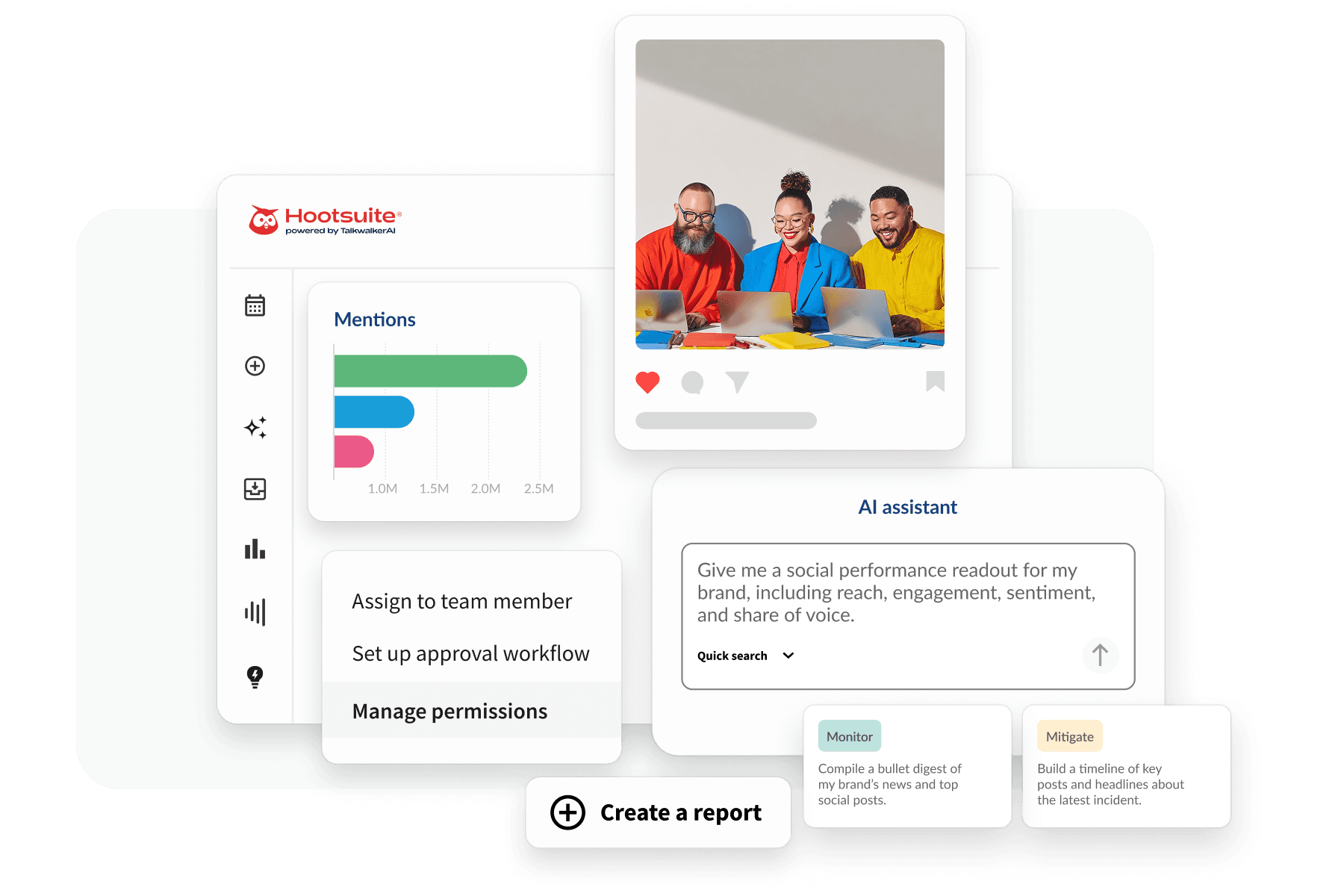 Hootsuite dashboard showing analytics, AI assistant, team workflow tools, and a social post with three smiling colleagues at laptops.