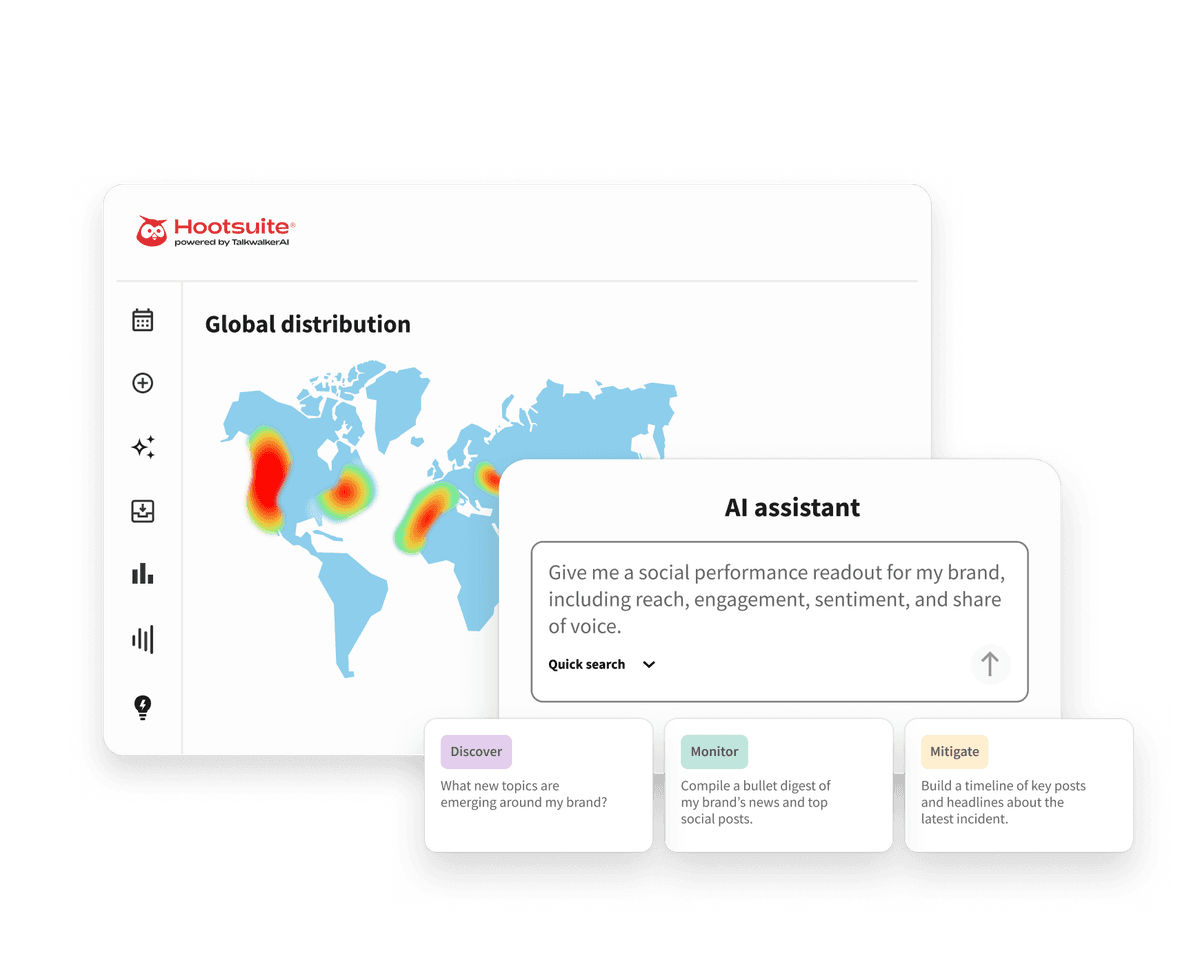 Hootsuite AI assistant dashboard showing a global distribution map and prompt cards for Discover, Monitor, and Mitigate actions.