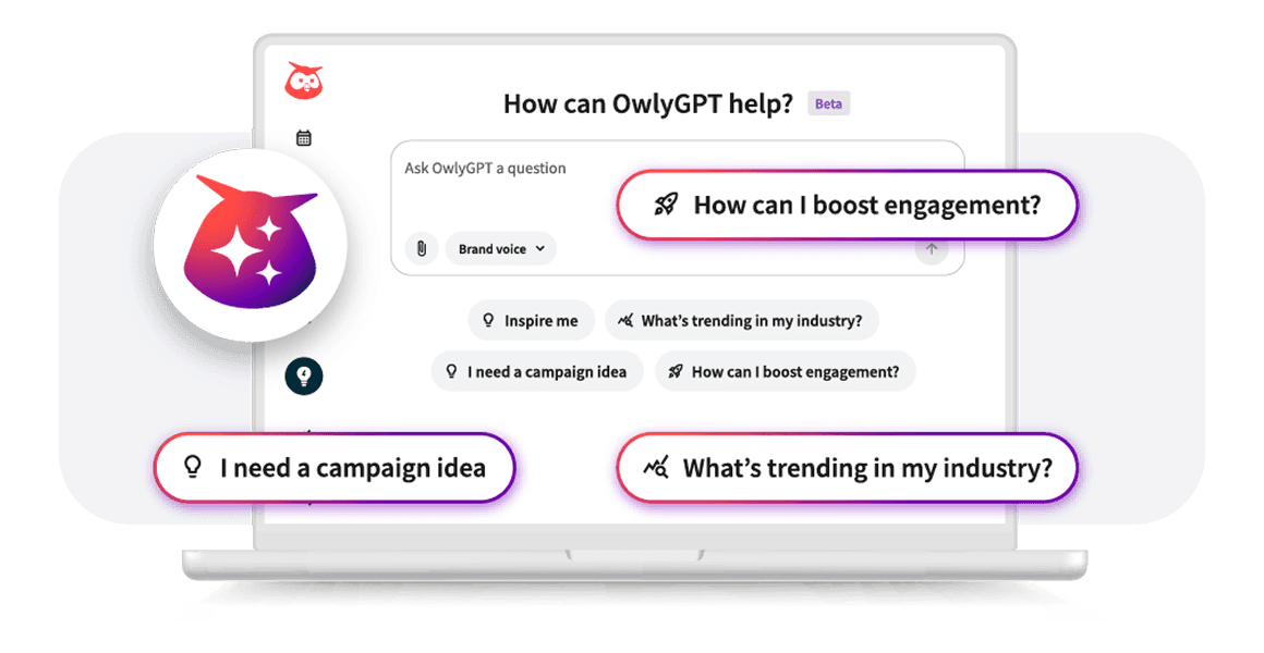 Screenshot of OwlyGPT interface showing search bar and suggestion buttons for campaign ideas, industry trends, and engagement tips