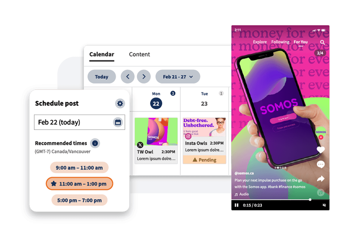 Social media content calendar interface showing schedule options and recommended posting times for February 22nd